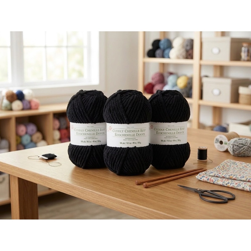 3 Skeins Cuddly Chenille Eco Yarn Black Jumbo 7 Recycled Polyester 108yds Each